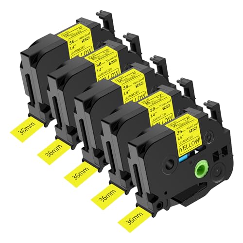 NineLeaf 5 x Ersatz für Brother P-Touch TZe-661 TZ-661 TZe661 TZ661 AZe 36mm 1.4'' Bänder Laminiertes Schwarz auf Gelb Schriftband Kassette für Ptouch PT-9200PC PT-9500PC Beschriftungsgerät von NineLeaf