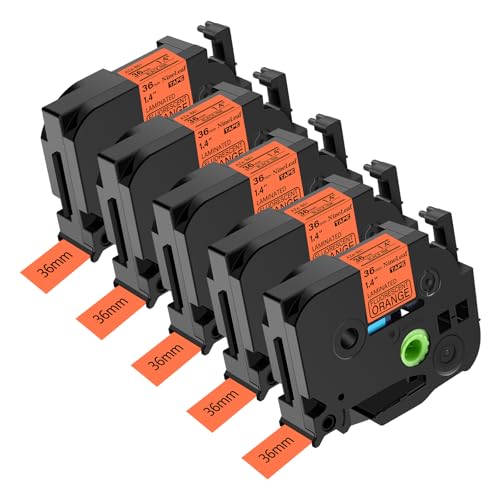 NineLeaf 5 x Ersatz für Brother P-Touch TZe-B61 TZ-B61 TZeB61 TZB61 AZe 36mm 1.4'' Bänder Laminiertes Schwarz auf fluo Orange Schriftband Kassette für Ptouch PT-9200PC PT-9500PC Beschriftungsgerät von NineLeaf