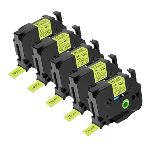 NineLeaf 5 x Ersatz für Brother P-Touch TZe-C51 TZ-C51 TZeC51 TZC51 AZe 24mm 0.94'' Bänder Laminiertes Schwarz auf fluo Gelb Schriftband Kassette für Ptouch PT-2400 2410 2430PC Beschriftungsgerät von NineLeaf
