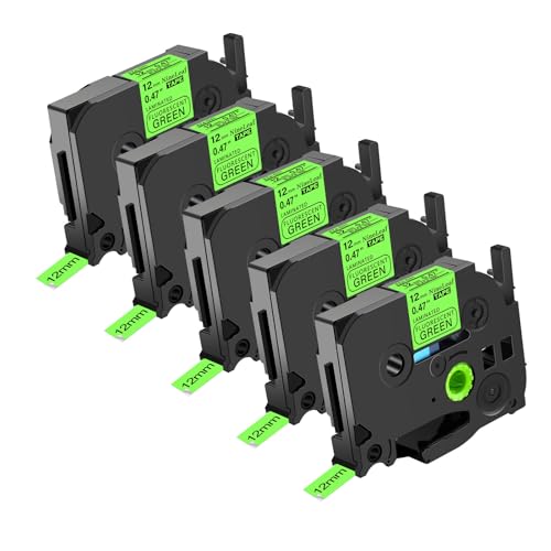 NineLeaf 5 x Ersatz für Brother P-Touch TZe-D31 TZ-D31 TZeD31 TZD31 AZe 12mm 0.47'' Bänder Laminiertes Schwarz auf fluo Grün Schriftband Kassette für Ptouch PT-E500VP D200SA Beschriftungsgerät von NineLeaf