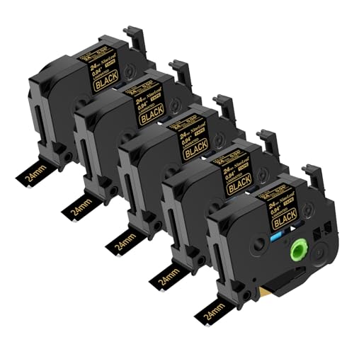 NineLeaf 5 x Kompatibel für Brother P-touch TZe-354 TZe354 TZ-354 TZ354 AZe-354 TZE Schriftband 24mm 0.94'' Gold auf Schwarz Laminiert Etikettenband für Ptouch PT-3600 520 530 540 Beschriftungsgerät von NineLeaf
