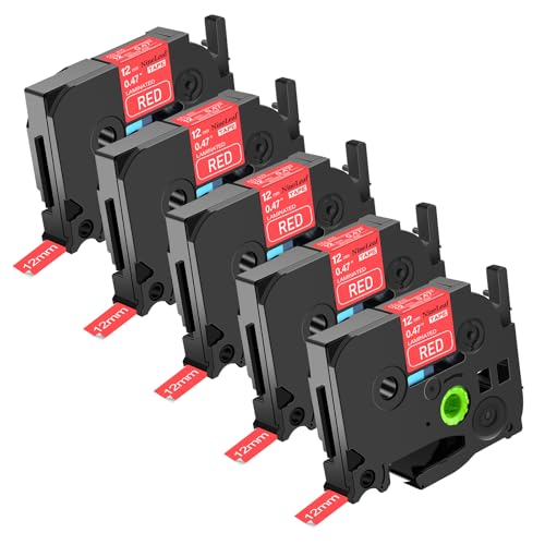 NineLeaf 5 x Kompatibel für Brother P-touch TZe-435 TZe435 TZ-435 TZ435 AZe-435 TZE Schriftband 12mm 0.47'' Weiß auf Rot Laminiert Etikettenband für Ptouch PT-E300 E300VP E500 Beschriftungsgerät von NineLeaf