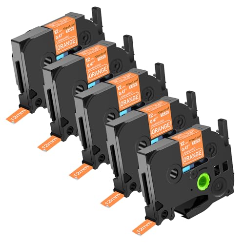 NineLeaf 5 x Kompatibel für Brother P-touch TZe-635 TZe635 TZ-635 TZ635 AZe-635 TZE Schriftband 12mm 0.47'' Weiß auf Orange Laminiert Etikettenband für Ptouch PT-E300 E300VP E500 Beschriftungsgerät von NineLeaf