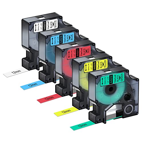 NineLeaf 5 x Kompatibel für Dymo D1 Schriftband 12mm x 7m 45013 45016 45017 45018 45019 Etikettenband für LabelManager 160 280 100 210D 360D 420P 450D PnP, Schwarz auf Weiß/Gelb/Rot/Grün/Blau von NineLeaf