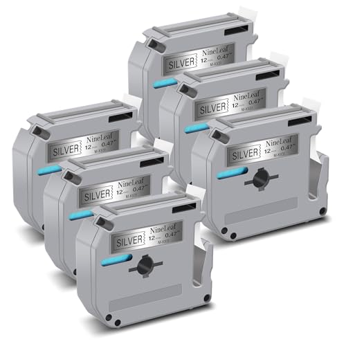 NineLeaf 6 Packung Ersatz für Brother P-Touch M-K931s M-K931 MK931 M-931 M931 12mm 0.47'' Bänder nicht Laminiertes Schwarz auf Silber Schriftband für Ptouch PT-45M 55BM 80SCCP Beschriftungsgerät von NineLeaf