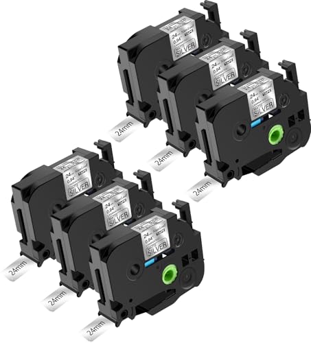 NineLeaf 6 Packung Ersatz für Brother P-Touch TZe-M951 TZ-M951 TZeM951 TZM951 AZe 24mm 0.94'' Bänder Laminiert Schwarz auf mattem Silber Schriftband für Ptouch PT-9500PC 9700PC Beschriftungsgerät von NineLeaf