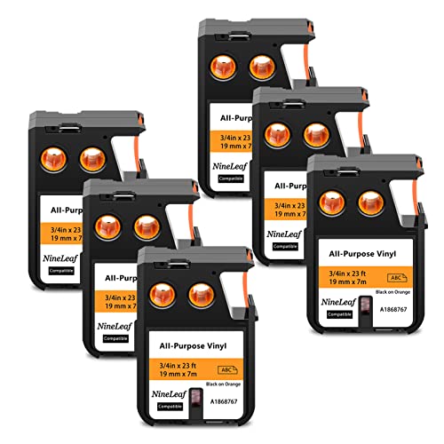 NineLeaf 6 Packung Ersatz für Dymo 1868767 A1868767 19mm x 7m 0.7'' 3/4 Zoll Schwarz auf Orange Bänder Allzweck Vinyl Industrie Schriftband für Rhino XTL-300 XTL-500 Beschriftungsgerät von NineLeaf