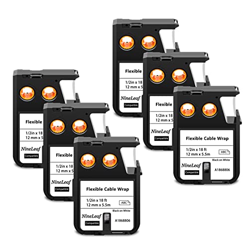 NineLeaf 6 Packung Ersatz für Dymo 1868806 A1868806 12mm x 5.5m 0.47'' 1/2 Zoll Schwarz auf Weiß Bänder Flexible Kabelummantelung Nylon Schriftband für Rhino XTL-300 XTL-500 Beschriftungsgerät von NineLeaf
