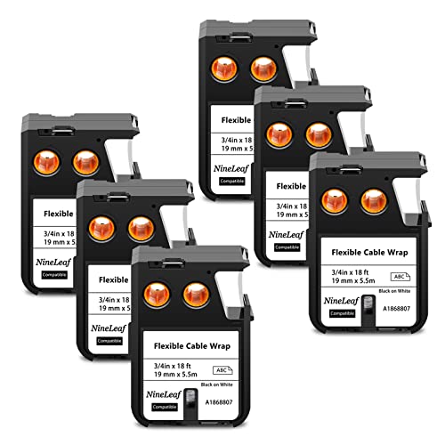 NineLeaf 6 Packung Ersatz für Dymo 1868807 A1868807 19mm x 5.5m 0.7'' 3/4 Zoll Schwarz auf Weiß Bänder Flexible Kabelummantelung Nylon Schriftband für Rhino XTL-300 XTL-500 Beschriftungsgerät von NineLeaf