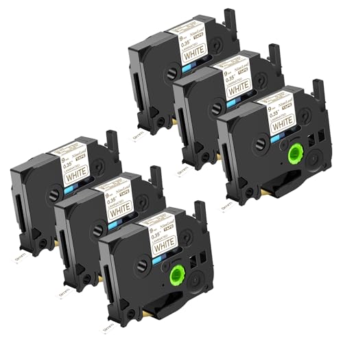 NineLeaf 6 x Ersatz für Brother P-Touch TZe-224 TZ-224 TZe224 TZ224 AZe 9mm 0.35'' Bänder Laminiertes Gold auf Weiß Schriftband Kassette für Ptouch PT-1280TG 1280VP Beschriftungsgerät von NineLeaf