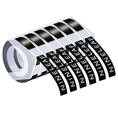 NineLeaf 6 x Kompatibel für Dymo S0898130 520109 3D Kunststoff Prägebändern 9mm x 3m Weiß auf Schwarz Etikettenband für Organizer Xpress Pro 12966 Office-Mate II Caption Maker Beschriftungsgerät von NineLeaf