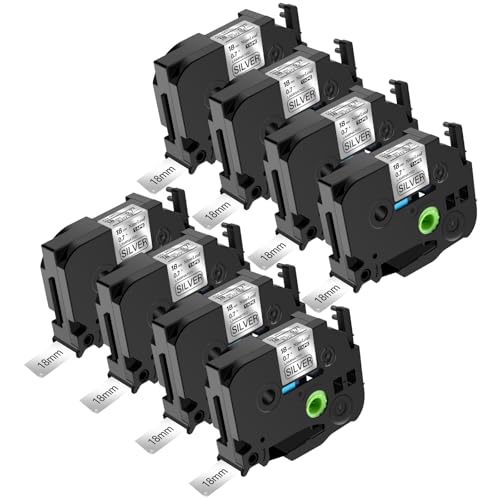 NineLeaf 8 Packung Ersatz für Brother P-Touch TZe-941 TZ-941 TZe941 TZ941 AZe 18mm 0.7'' Bänder Laminiert Schwarz auf Silber Schriftband für Ptouch PT-1880W 18R 18RKT Beschriftungsgerät von NineLeaf