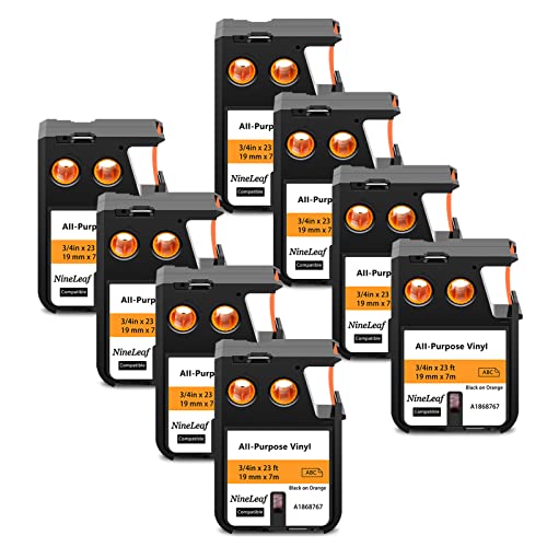 NineLeaf 8 Packung Ersatz für Dymo 1868767 A1868767 19mm x 7m 0.7'' 3/4 Zoll Schwarz auf Orange Bänder Allzweck Vinyl Industrie Schriftband für Rhino XTL-300 XTL-500 Beschriftungsgerät von NineLeaf