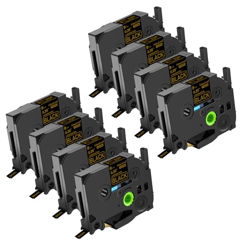 NineLeaf 8 x Ersatz für Brother P-Touch TZe-324 TZ-324 TZe324 TZ324 AZe 9mm 0.35'' Bänder Laminiertes Gold auf Schwarz Schriftband Kassette für Ptouch PT-1280TG 1280VP Beschriftungsgerät von NineLeaf