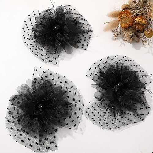 NingPower 4 Stück Schwarze Netz Schleifen, Große Blumenschleife für Basteln, Nähen, Haarspangenherstellung, Bekleidungsaccessoires von NingPower