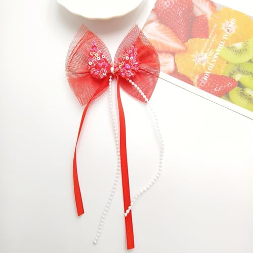 NingPower 50 Stück Doppellagige Mesh Paillettenflügel Schleifen Perlenband Schleife für Basteln, Nähen, Herstellen Von Haarspangen, Bekleidungszubehör, Rot von NingPower
