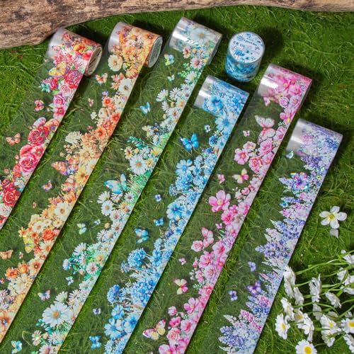 Ningmo Washi Tape Set，6 Rolls Blumen PET Wide Washi Tapes Transparent Sticker für Scrapbooking， Journaling，Bullet Journals, Planner，Mobile phones, photo albums DIY (02) von Ningmo