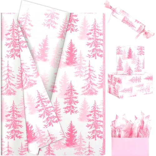 Seidenpapier mit Weihnachtsbaum-Motiv, bedruckt, für Geschenkverpackungen, Weihnachten, dekoratives Seidenpapier für Geburtstag, Hochzeit, Winter, Urlaub, Basteln, Rosa, 60 Blatt von NinkyNonk
