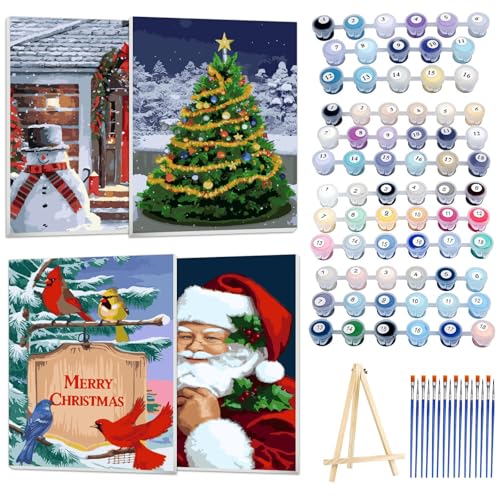 Ninonly 4 Stück Christmas Malen Nach Zahlen Erwachsene DIY Ölgemälde Malen Nach Zahlen für Erwachsene und Anfänger mit Rahmen,16 Pinseln,4 Sätze Acrylfarben 24x30CM von Ninonly