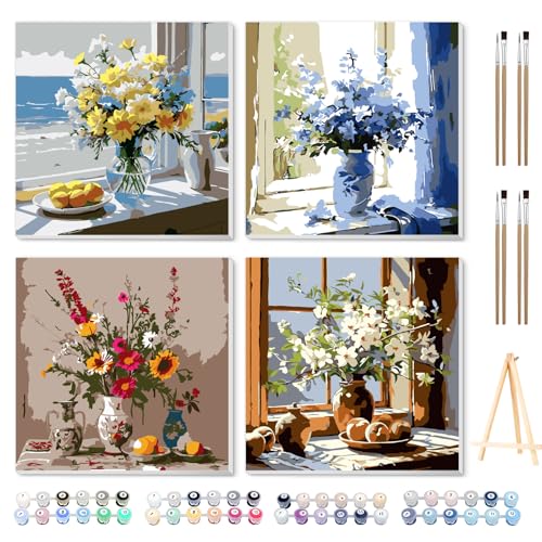 Ninonly 4 Stück Malen Nach Zahlen Erwachsene mit Rahmen Paint by Numbers Adult mit Pinseln und Rahmen DIY Malen-Nach-Zahlen Erwachsene für Wanddeko 20×20cm Blume von Ninonly