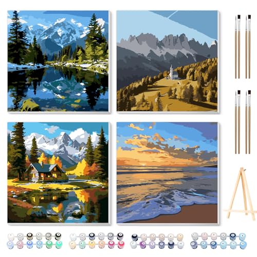 Ninonly 4 Stück Malen Nach Zahlen Erwachsene mit Rahmen Paint by Numbers Adult mit Pinseln und Rahmen DIY Malen-Nach-Zahlen Erwachsene für Wanddeko 20×20cm Scenery von Ninonly