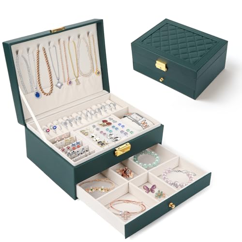 Ninonly Schmuckkästchen Damen Mädchen 2 Ebenen Schmuckkasten PU-Leder Schmuck Organizer Schmuckschatulle Für Ringe, Ohrringe, Halsketten und Uhren, Mit Schloss und Schlüssel Grün von Ninonly