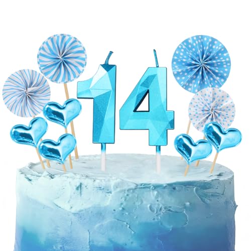 Geburtstagskerzen Zahlen 14 Blau,3D Kerzen Geburtstag für Torten und Kuchendeko,Geburtstag Kerzen Zahlen Kinder,14 Geburtstags Deko Junge für Geburtstagsfeier,Hochzeiten,Jubiläen von Nirecu