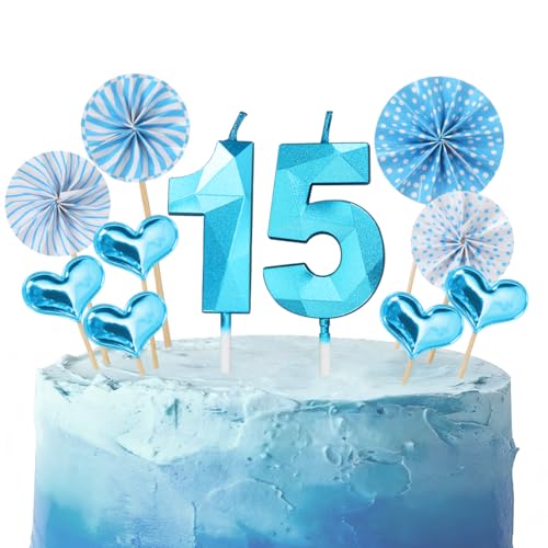 Geburtstagskerzen Zahlen 15 Blau,3D Kerzen Geburtstag für Torten und Kuchendeko,Geburtstag Kerzen Zahlen Kinder,15 Geburtstags Deko Junge für Geburtstagsfeier,Hochzeiten,Jubiläen von Nirecu