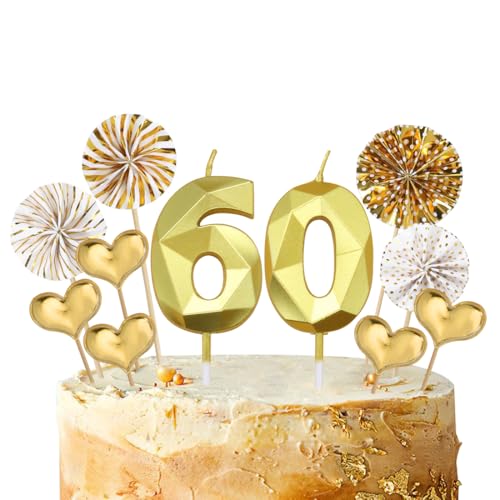 Geburtstagskerzen Zahlen 60 Gold,3D Kerzen Geburtstag für Tortendeko und Kuchendeko,Deko 60 Geburtstags Mann Frau,Geburtstag Kerzen Deko für Geburtstagsfeier,Hochzeiten von Nirecu