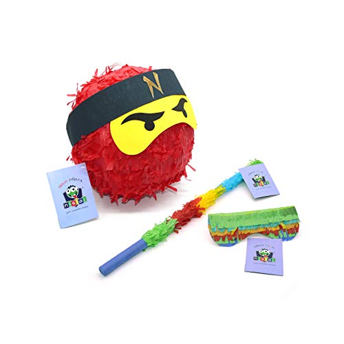 Nislai® Ninja Pinata Set | Ideal für die Ninja Party | Pinata Geschenk | Pinata Geburtstag | inkl. Stock & Augenmaske | Farbe zur Auswahl: grün, schwarz, blau, rot (rot) von Nislai