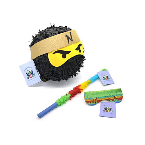 Nislai® Ninja Pinata Set | Ideal für die Ninja Party | Pinata Geschenk | Pinata Geburtstag | inkl. Stock & Augenmaske | Farbe zur Auswahl: grün, schwarz, blau, rot (schwarz) von Nislai