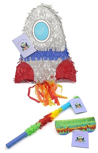 Nislai® Rakete Rocket Pinata Set | ideal für die Rakete Weltraum Party | Pinata Kinder Geburtstag | Pinata Geschenk | Astronaut Party | zum Schlagen | inkl. Maske & Stab | u. 40x30x10 cm von Nislai