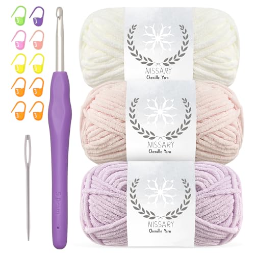 Chenille wolle zum häkeln - 3x50g Flauschige Dicke Wolle Set mit 5mm Häkelnadel, Weiche Häkelwolle für Babyprojekte & Decken, Chenille Garn für Handwerk von Nissary