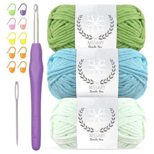 Chenille wolle zum häkeln - 3x50g Flauschige Dicke Wolle Set mit 5mm Häkelnadel, Weiche Häkelwolle für Babyprojekte & Decken, Chenille Garn für Handwerk von Nissary