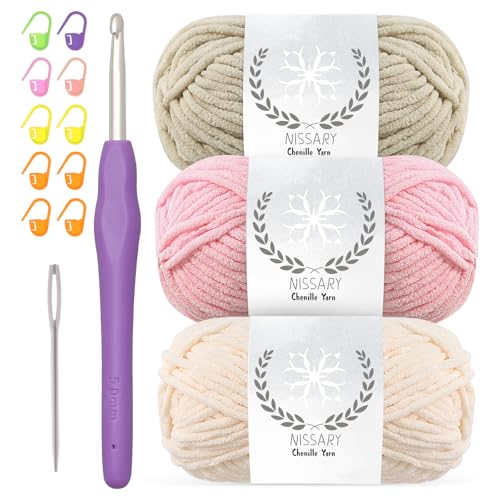 Chenille wolle zum häkeln - 3x50g Flauschige Dicke Wolle Set mit 5mm Häkelnadel, Weiche Häkelwolle für Babyprojekte & Decken, Chenille Garn für Handwerk von Nissary
