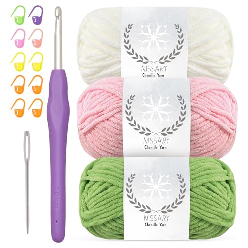 Chenille wolle zum häkeln - 3x50g Flauschige Dicke Wolle Set mit 5mm Häkelnadel, Weiche Häkelwolle für Babyprojekte & Decken, Chenille Garn für Handwerk Chenille wolle zum häkeln - 3x50g Flauschige Dicke Wolle Set mit 5mm Häkelnadel, Weiche Häkelwolle für Babyprojekte & Decken, Chenille Garn für Handwerk von Nissary