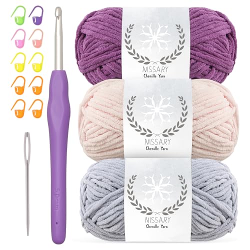 Chenille wolle zum häkeln - 3x50g Flauschige Dicke Wolle Set mit 5mm Häkelnadel, Weiche Häkelwolle für Babyprojekte & Decken, Chenille Garn für Handwerk Chenille wolle zum häkeln - 3x50g Flauschige Dicke Wolle Set mit 5mm Häkelnadel, Weiche Häkelwolle für Babyprojekte & Decken, Chenille Garn für Handwerk von Nissary