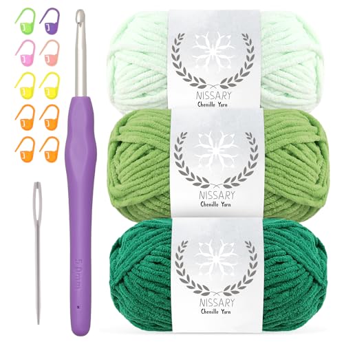 Chenille wolle zum häkeln - 3x50g Flauschige Dicke Wolle Set mit 5mm Häkelnadel, Weiche Häkelwolle für Babyprojekte & Decken, Chenille Garn für Handwerk Chenille wolle zum häkeln - 3x50g Flauschige Dicke Wolle Set mit 5mm Häkelnadel, Weiche Häkelwolle für Babyprojekte & Decken, Chenille Garn für Handwerk von Nissary