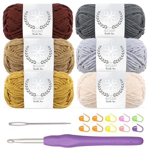 Chenille wolle zum häkeln - 6x50g Flauschige Dicke Wolle Set mit 5mm Häkelnadel, Weiche Häkelwolle für Babyprojekte & Decken, Chenille Garn für Handwerk von Nissary