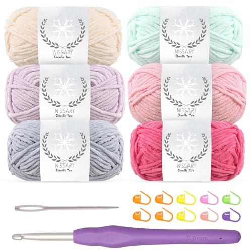 Chenille wolle zum häkeln - 6x50g Flauschige Dicke Wolle Set mit 5mm Häkelnadel, Weiche Häkelwolle für Babyprojekte & Decken, Chenille Garn für Handwerk von Nissary