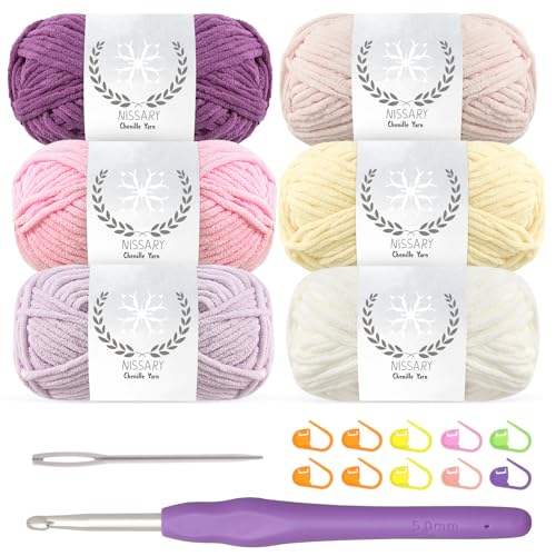 Chenille wolle zum häkeln - 6x50g Flauschige Dicke Wolle Set mit 5mm Häkelnadel, Weiche Häkelwolle für Babyprojekte & Decken, Chenille Garn für Handwerk Chenille wolle zum häkeln - 6x50g Flauschige Dicke Wolle Set mit 5mm Häkelnadel, Weiche Häkelwolle für Babyprojekte & Decken, Chenille Garn für Handwerk von Nissary