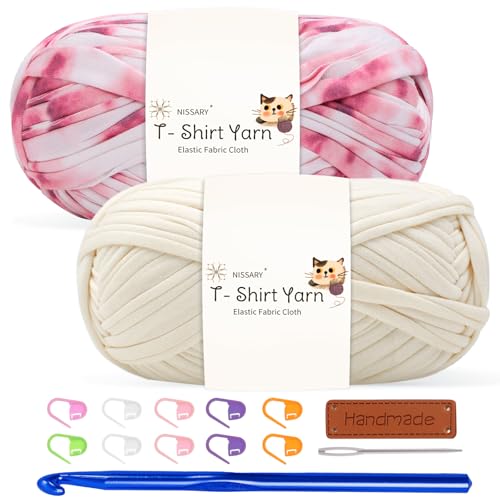 T-Shirt-Garn zum Häkeln, 100 g x 2, dickes Häkelgarn, elastisches Stoff-Set mit 10 mm Haken und Zubehör, ideal für DIY-Taschen, Decken, Körbe und Heimdekorationsprojekte (Mix-Pink) von Nissary