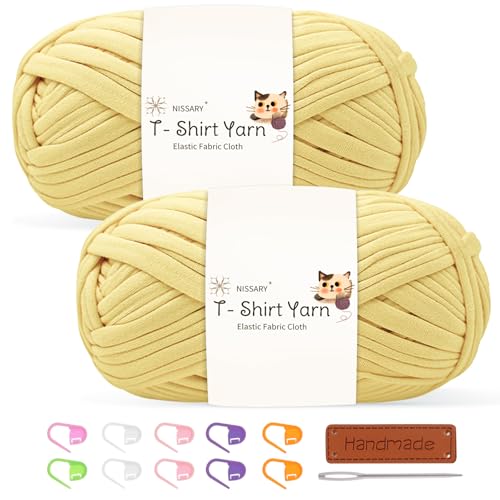 T-Shirt-Garn zum Häkeln, 100 g x 2, dickes Häkelgarn, elastisches Stoff-Set mit 10 mm Haken und Zubehör, ideal für DIY-Taschen, Decken, Körbe und Heimdekorationsprojekte (gelb) von Nissary