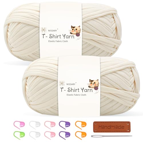 Tshirt Garn 2x100g Häkelgarn für Taschen, Häkelgarn Bändchengarn Baumwollgarn für Häkeln, Textilgarn mit 10mm Häkelnadel & Zubehör – Ideal für Taschen, Körbe & Textilprojekte von Nissary