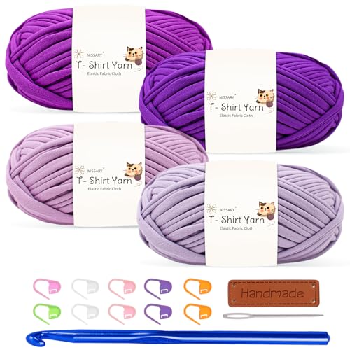 Tshirt Garn 4x100g Häkelgarn für Taschen, Häkelgarn Bändchengarn Baumwollgarn für Häkeln, Textilgarn mit 10mm Häkelnadel & Zubehör – Ideal für Taschen, Körbe & Textilprojekte von Nissary