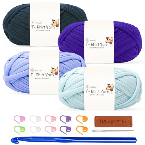 Tshirt Garn 4x100g Häkelgarn für Taschen, Häkelgarn Bändchengarn Baumwollgarn für Häkeln, Textilgarn mit 10mm Häkelnadel & Zubehör – Ideal für Taschen, Körbe & Textilprojekte von Nissary