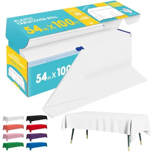 Niuara Weiße Kunststoff-Tischdeckenrolle, 137 cm x 30 m, Tischdecke für rechteckige Tische mit Gleitschneider, Kunststoff-Tischdecke mit zugeschnittenem Design für Hochzeiten, Bankette, Partys von Niuara