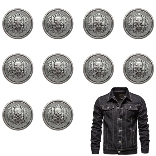 Niuhong 10 Pcs Runde Schädel Knöpfe Metall Totenkopf Ösenknöpfe Punk Cool Blazer Zierknöpfe Kleidung Jacke Strickjacken Handwerk Nähen Dekorationen Nähknöpfe DIY Zubehör (Altes Silber, 21mm) von Niuhong