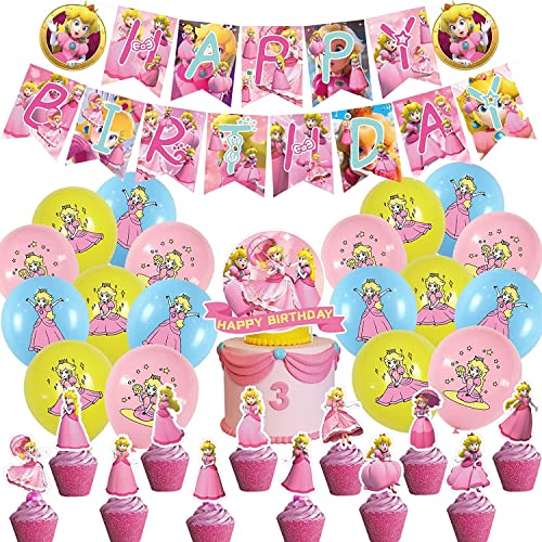 Prinzessin Peach Geburtstag Deko, Prinzessinnen Deko Kindergeburtstag, Dekoration Party Luftballons, Prinzessin Peach Ballon Geburtstagsdeko Supplies Set für Mädchen Kinder. von Niumowang