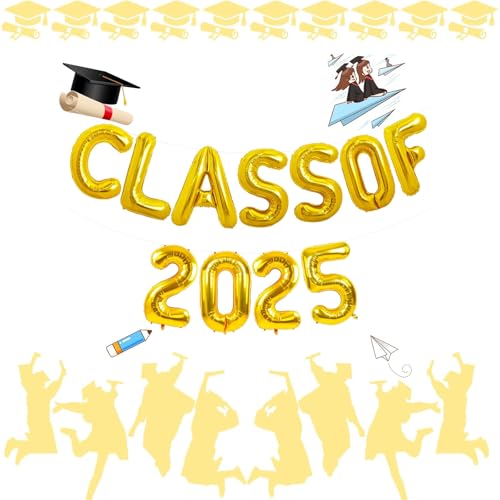1 x Banner der Klasse 2025, Luftballons der Klasse 2025, Abschlussbanner, Glückwunschbanner, Ballballons 2025, Goldballon-Set für unvergessliche Abschlussfeiern (Gold, 40,6 cm) von Niwieoi